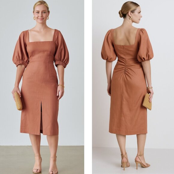Eudon Choi Cotton Linen Puff Sleeve Midi Dress 2 Orange NEW - Picture 1 of 11
